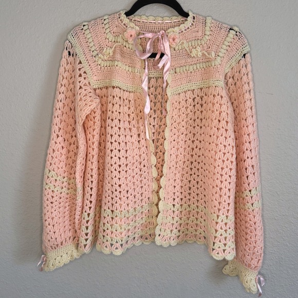 Handmade Sweaters - Handmade Coquette Cottage Crochet Cardigan Pastel Pink Ribbon Medium Sweater